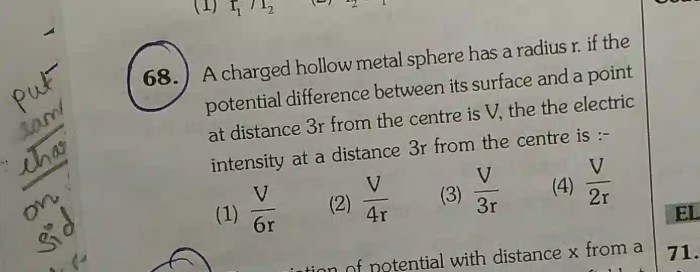 A hollow metal sphere has a potential of